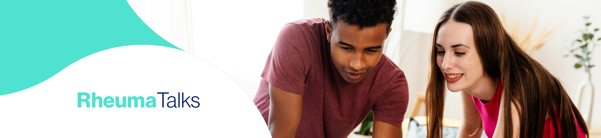 Photo of man and woman looking at computer screen, rheumatalks logo illustration